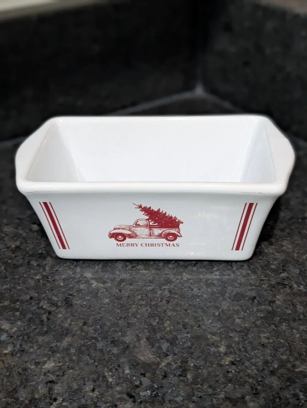 White Ceramic Holiday Serving Dish with Red Truck Motif
